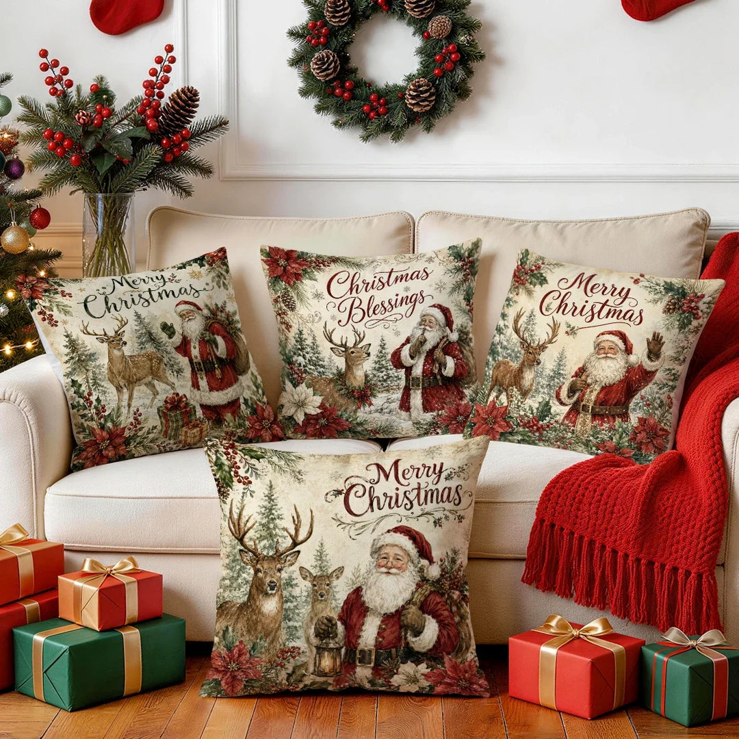 1/4pcs Vintage Watercolor Santa Claus Polyester Cushion