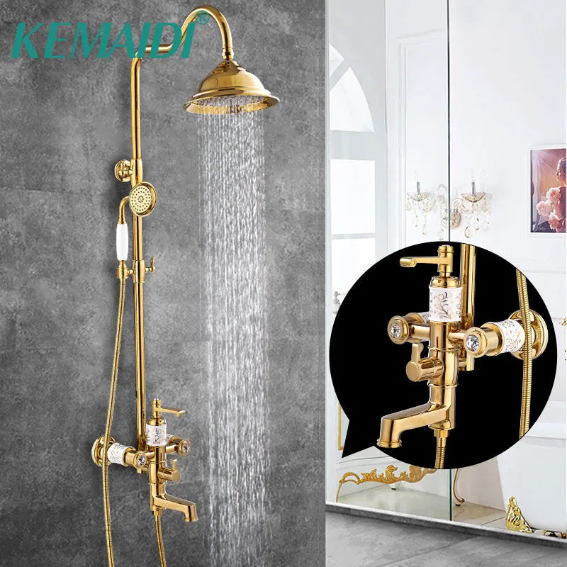 KEMAIDI Solid Brass Bathroom Shower Set Golen Plated Rainfall Shower Systerm Bath Shower Faucet Mixer 3 in 1 Wall Mounted Shower