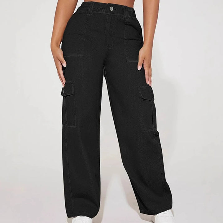 Women Black Wide Leg Cargo Pants 2025 Fashion High Waist Button Big Pocket Long Trousers Vintage Y2K Streetwear Baggy Trousers