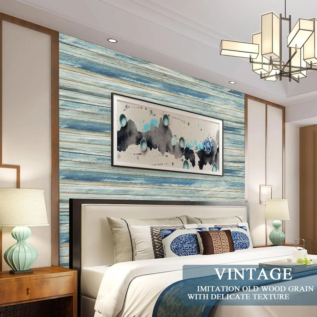 Blue Distressed Wood Peel and Stick Wallpaper Wood Panel Self-Adhesive Wallpaper Wood Grain Removable Contact Paper for Cabinets