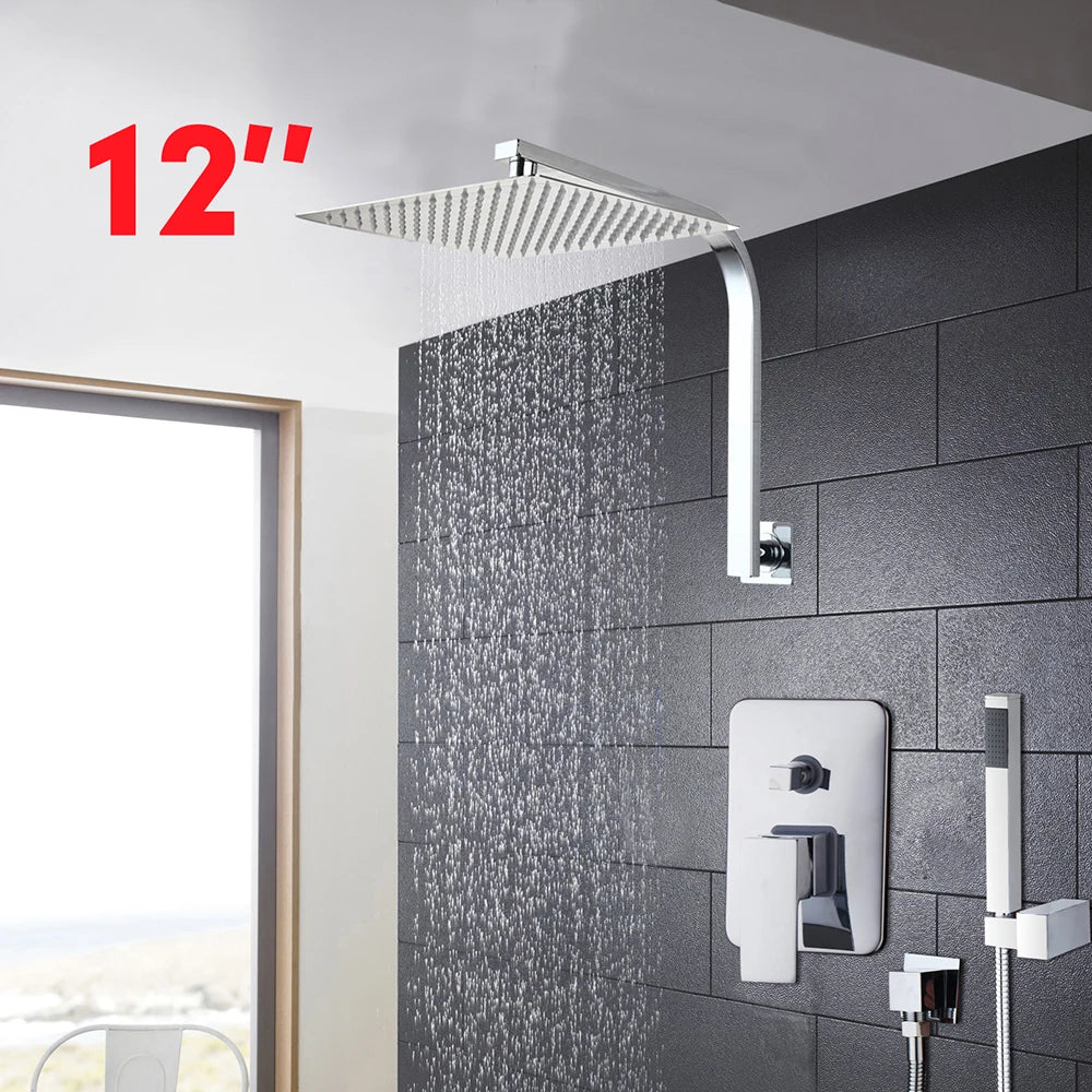 Torayvino Bathroom Shower Set LED Square Rainfall Shower Head Wall Mounted W/ Control Valve Hand Sprayer Chrome Polished Kit