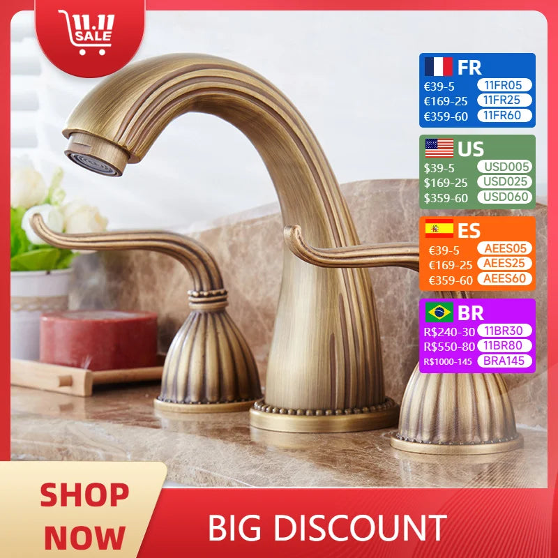 Antique Brass Basin Faucets Classic Bathroom Sink Faucet Double Cross Handle 3 Holes Bathbasin Counter Mixer Taps