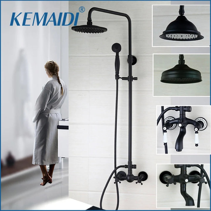 KEMAIDI Bathroom Black Shower Set Wall Mounted 8" Rainfall Shower Faucet 3-functions 2 Cross Handles Solid Brass Shower Fixtures