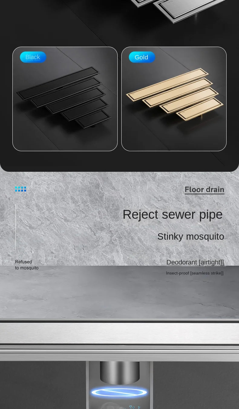 Luxury Hidden 304 Stainless Steel Rectangular Floor Drain Bathroom Toilet Drain Anti-Odor Filter Hair Extended Floor Drain
