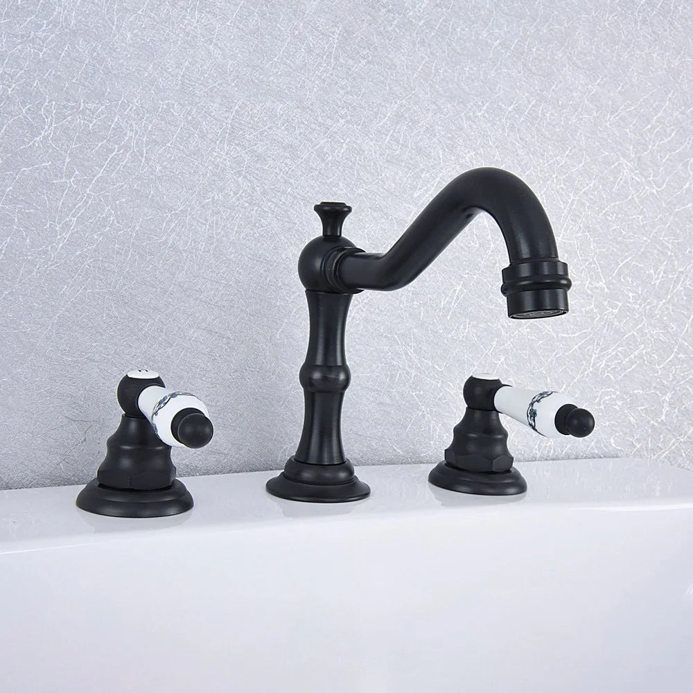 Basin Faucets Oil Rubbed Bronze Deck Mounted Widespread Bathroom Sink Faucets 3 Hole Double Handle Hot And Cold Water Tap tsf543