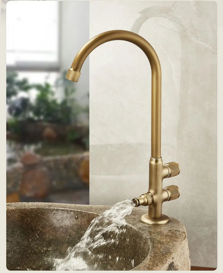 Outdoor Antifreeze Faucet Antique Brass Balcony Wash Basin Single Cooling Faucet Vanity 360°Swivel Rotate Spout Only Cold Tap