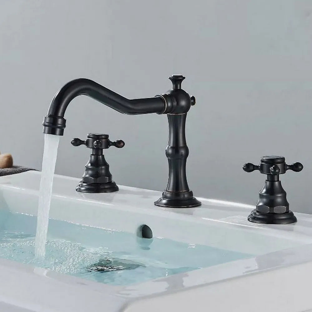 Bathroom Basin Faucet 3 Hole Deck Mounted Dual Handle Hot Cold Mixer Water Tap Brass Basin Sink Faucet Nzh041