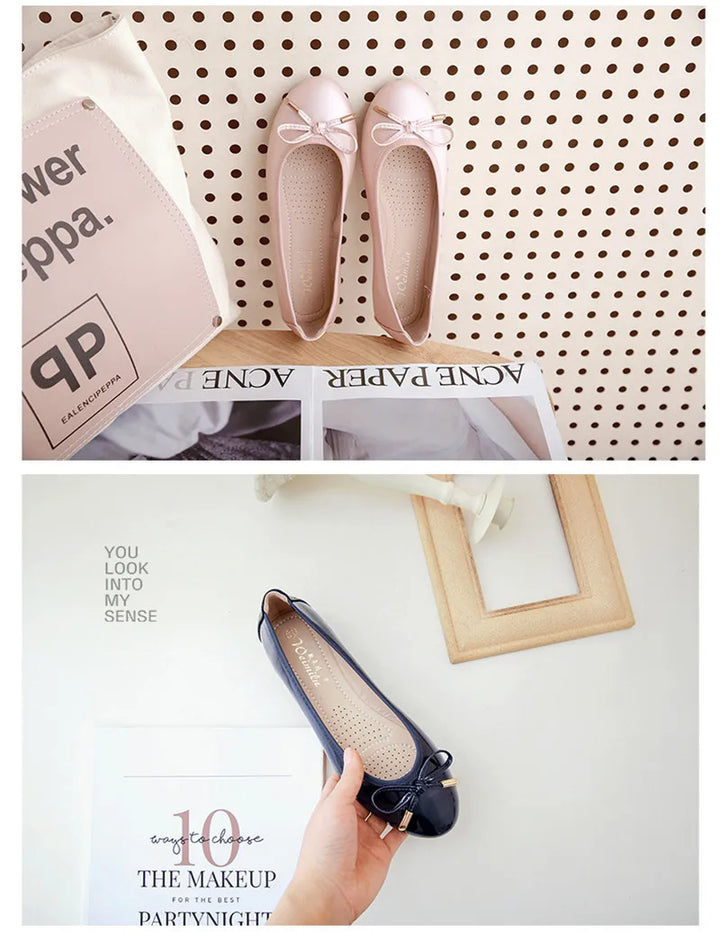 Ladies Loafers Shoes Bowtie Flats Patent Leather Loafers Women Round Toe Roll-Up Shoes Woman Bridesmaid Flats Large Size Zapatos