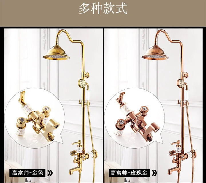 KEMAIDI Solid Brass Bathroom Shower Set Golen Plated Rainfall Shower Systerm Bath Shower Faucet Mixer 3 in 1 Wall Mounted Shower