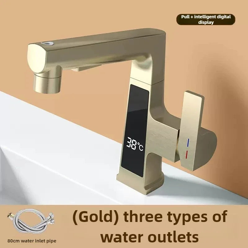 Digital Display Pulling Faucet Intelligent Temperature Sensor Brass Washbasin Taps Rotating Lifting Cold and Hot Water Mixer Tap