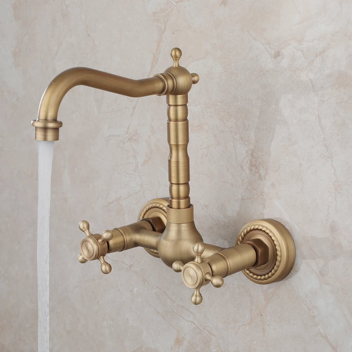 KEMAIDI Antique Brass Bathroom Basin Sink Faucet Tap Dual Handles Wall Mounted Hot Cold Water Mixer Tap 360 Swivel Spout Faucets