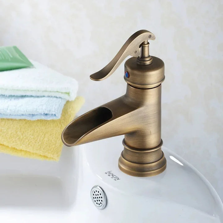 Copper antique brass washbasin hot and cold faucet European retro washbasin waterfall faucet single handle