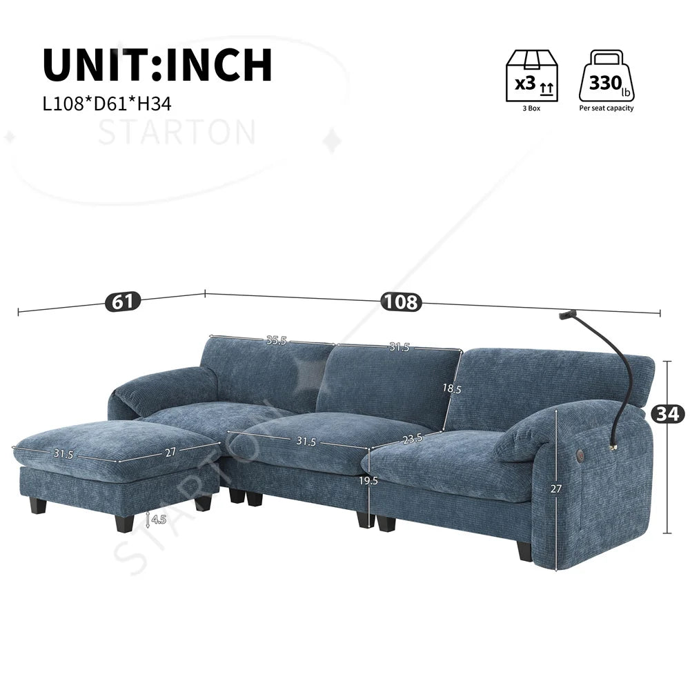 Sectional Sofa Couch with Ottoman Wholesale L-Shape with Extra-Wide Seat Cushion USB Type-C Charger Phone Holder Modular