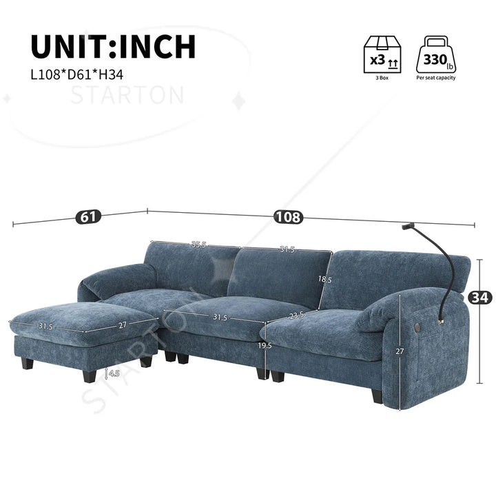 Sectional Sofa Couch with Ottoman Wholesale L-Shape with Extra-Wide Seat Cushion USB Type-C Charger Phone Holder Modular