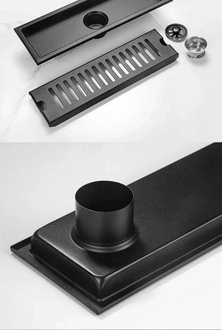 Black Floor Drain 304 Stainless Steel Shower Drain Long Strip Odor Proof Bathroom Floor Drainage Large Displacement