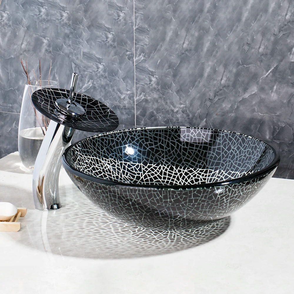 MONITE Tempered Glass Bathroom Sink Set Hand-Painted Art Basin Combine Round Waterfall Bowl Basin Faucet Multiple Styles
