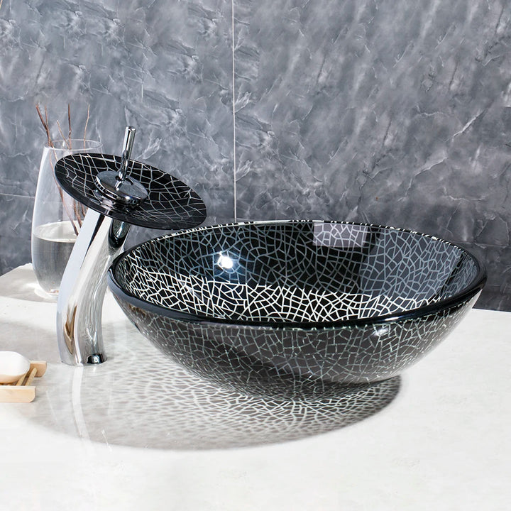 MONITE Tempered Glass Bathroom Sink Set Hand-Painted Art Basin Combine Round Waterfall Bowl Basin Faucet Multiple Styles