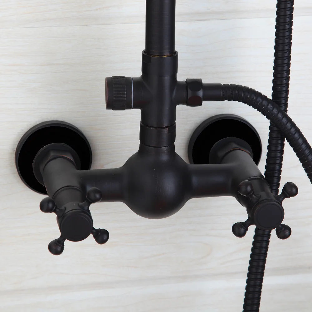 KEMAIDI Bathroom Black Shower Set Wall Mounted 8" Rainfall Shower Faucet 3-functions 2 Cross Handles Solid Brass Shower Fixtures