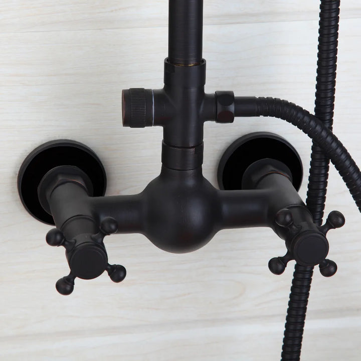 KEMAIDI Bathroom Black Shower Set Wall Mounted 8" Rainfall Shower Faucet 3-functions 2 Cross Handles Solid Brass Shower Fixtures