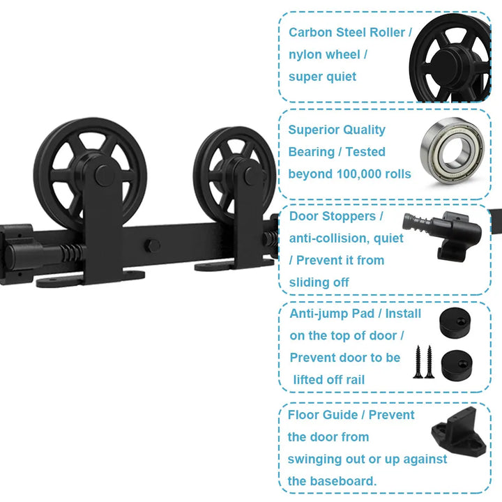 TSMST Heavy Duty Barn Door Hardware Kit for Wood Single Barn Door Black Industrial Rail + Middle Wheel  T Shape Roller