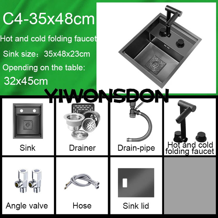 Nano Hidden Bar Kitchen Sink Black Folding Faucet Mini Small Single Bowl Wash Basin Stainless Steel Soap Dispenser Accessories