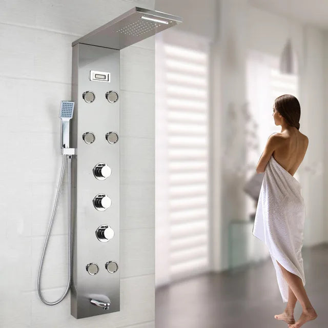 KEMAIDI Black Column  Shower Faucet Bath Shower System Temperature Digital Display LED Shower Panel Body Massage Jets 12 Choice
