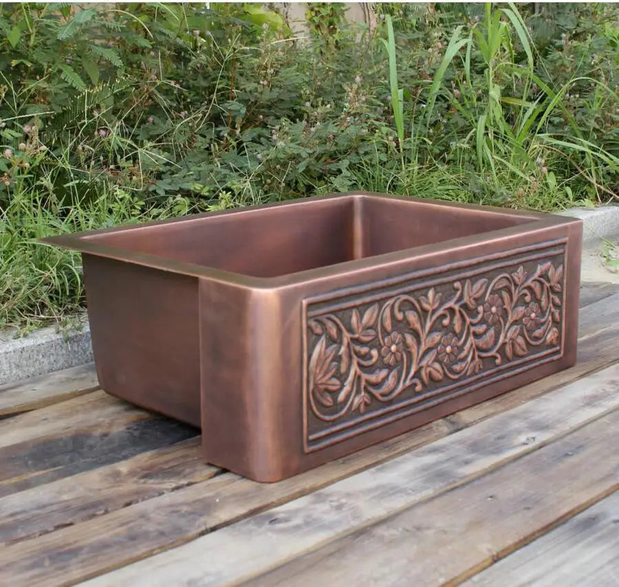 MAEBOW Antique Copper Regtangular Apron Front Single Bowl Artistic Kitchen Sink