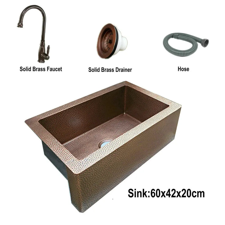 MAEBOW Antique Copper Regtangular Apron Front Single Bowl Artistic Kitchen Sink
