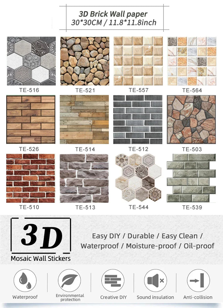 10/20PCS Imitation Brick Tile cobblestone Wall Stickers Water and Oil Proof for Kitchen Restaurant Tea room Relaxation area etc.