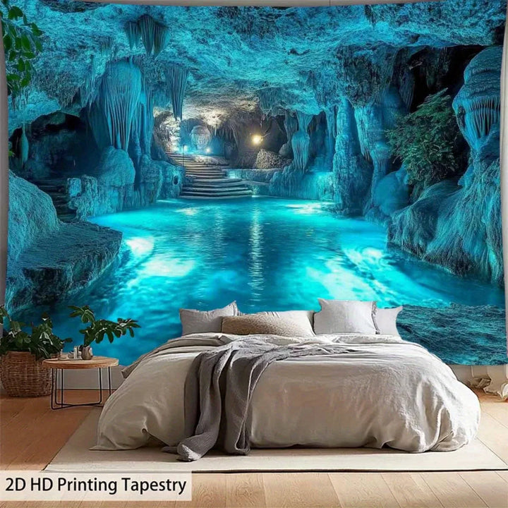 Stunning Blue Cave Underground Waterfall Digital Print Tapestry Wall Hanging