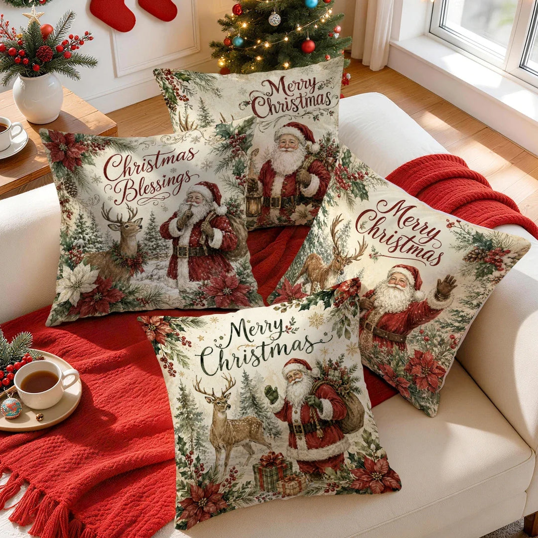 1/4pcs Vintage Watercolor Santa Claus Polyester Cushion