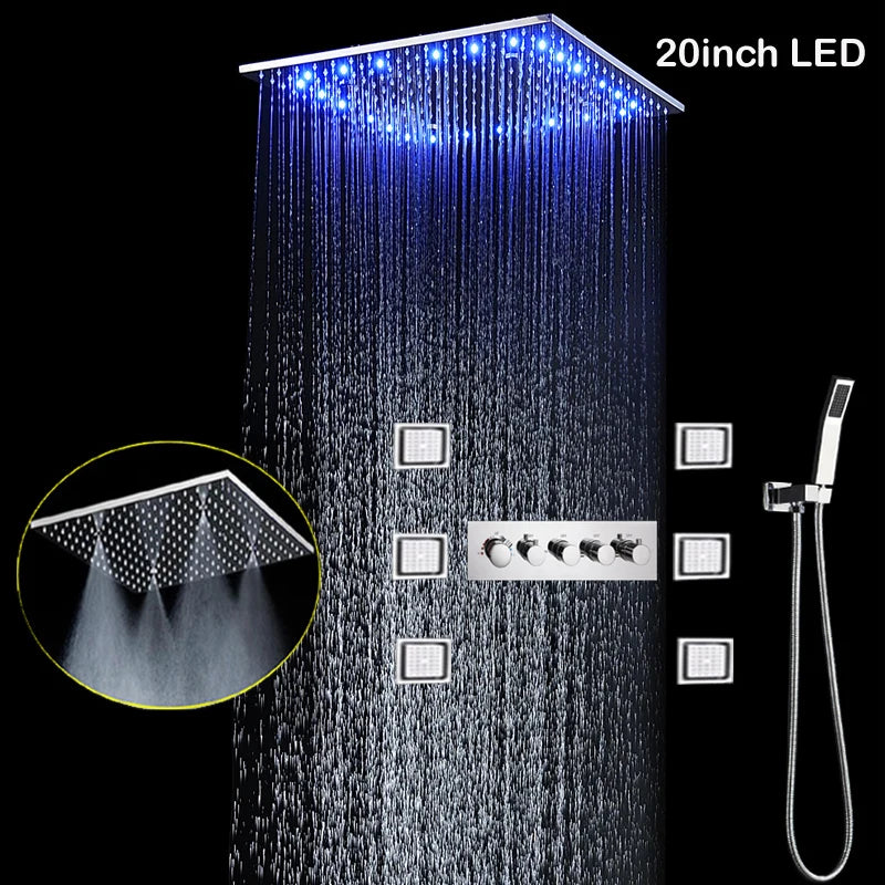 hm Modern LED Shower Set 20Inch Ceiling Mist Rainfall Shower Head System Bathroom Thermostatic Shower Faucets Massage Body Jets