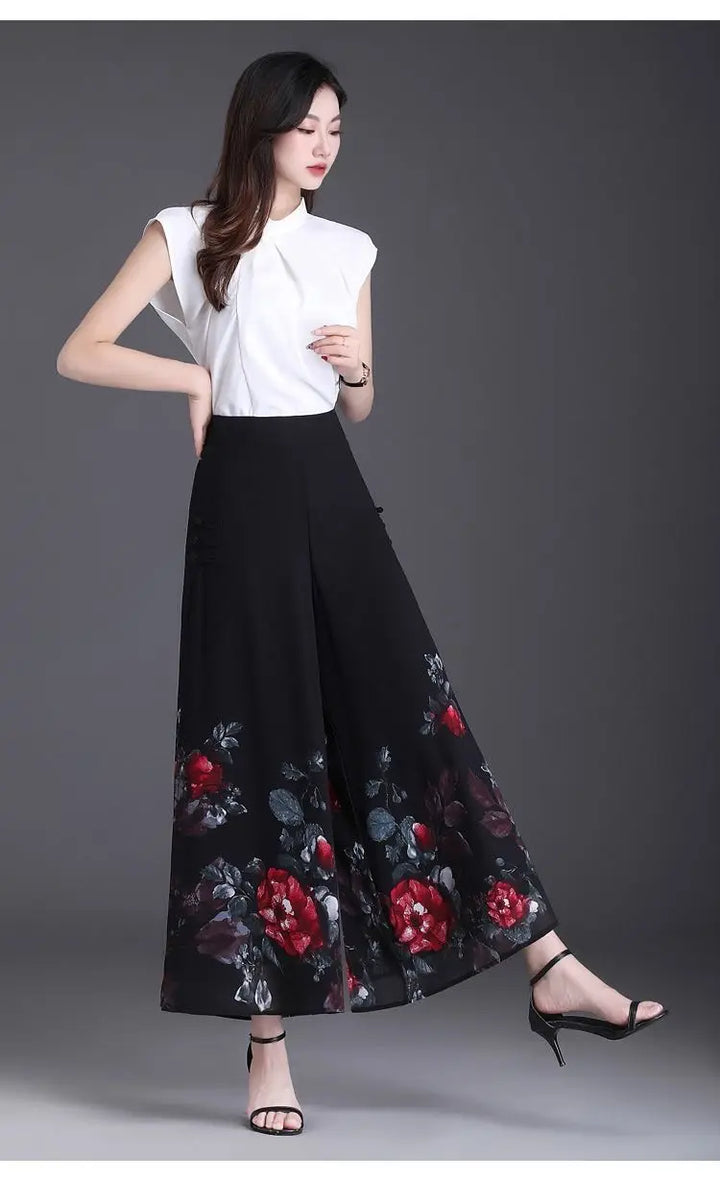 Thin Chinese Style Floral Chiffon Wide Leg Pants Women Tie Die Printed Button Loose High Waist Vintage Straight Trousers