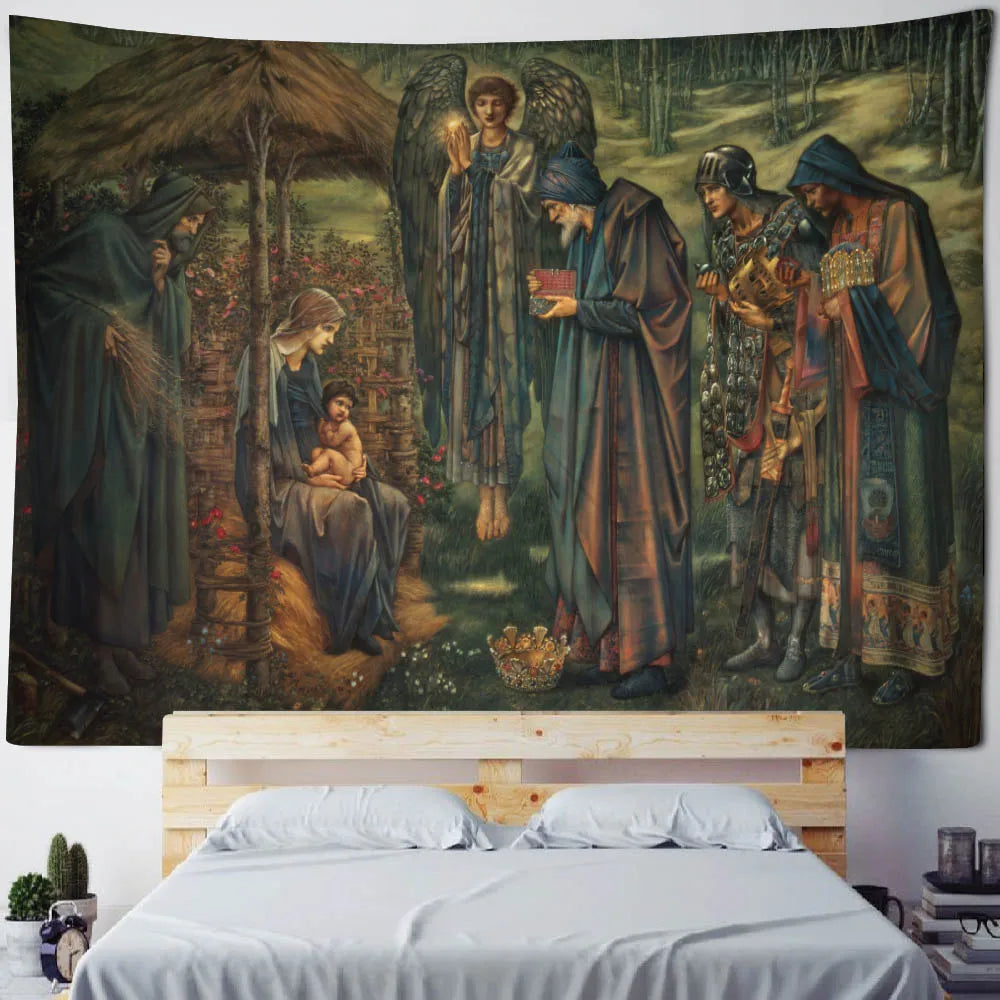 Christmas tapestry, winter snow view, Santa Claus, elk fireplace, room art decoration, wall hanging cloth,