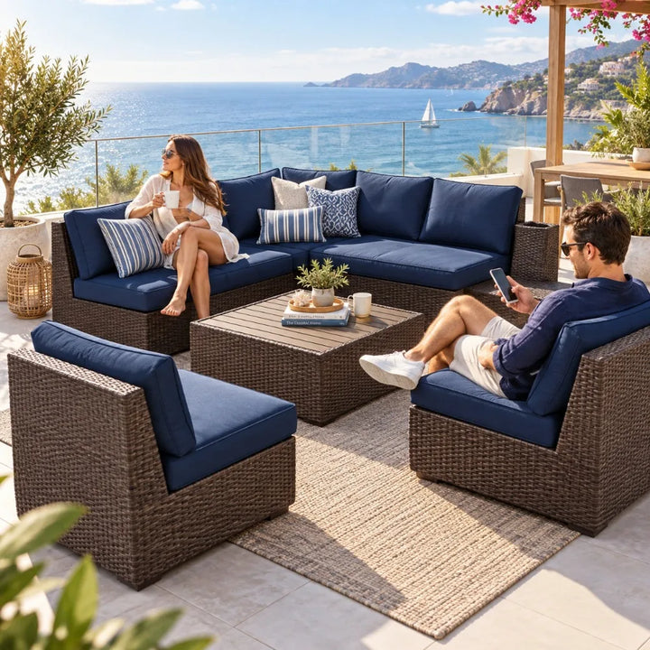 Modern Outdoor Rattan Lounge Set, Weatherproof PE Wicker Sofa & Coffee Table for Sales Office Display, Courtyard Garden