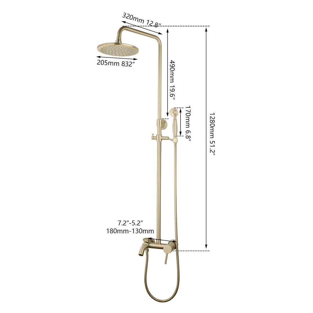 KEMAIDI Brushed Gold Shower Faucet In Wall 8" Stainless Steel Rainfall Bath Shower Set Swivel Bath Spout Bathroom Shower Column
