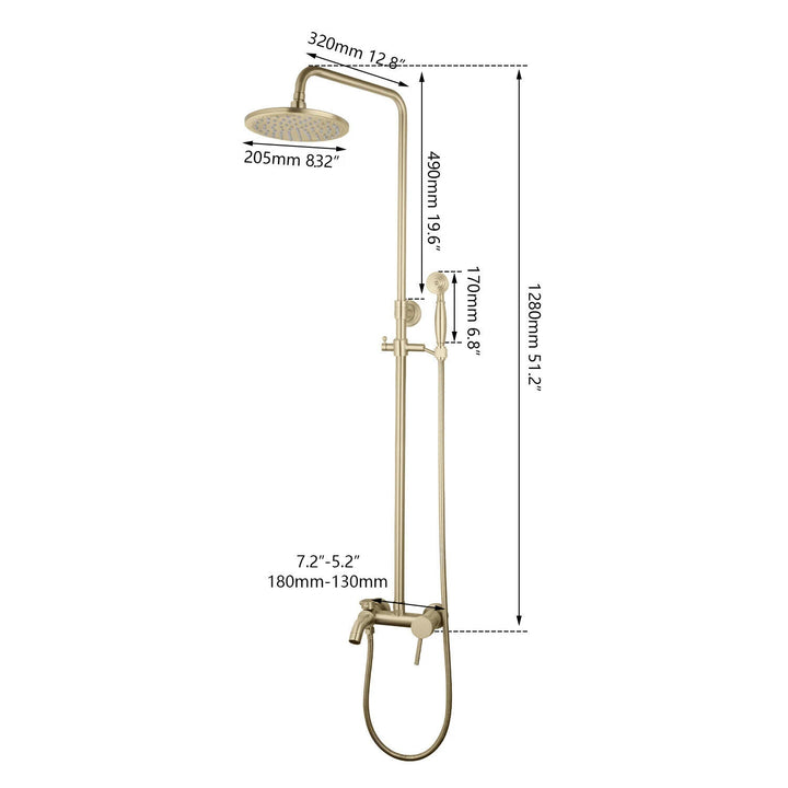 KEMAIDI Brushed Gold Shower Faucet In Wall 8" Stainless Steel Rainfall Bath Shower Set Swivel Bath Spout Bathroom Shower Column