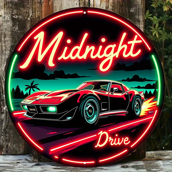 Vintage Neon Car Sign Midnight Drive – Retro Automotive LED Art Metal Sign with Red & Green Lights, Round Metal Wall Decor