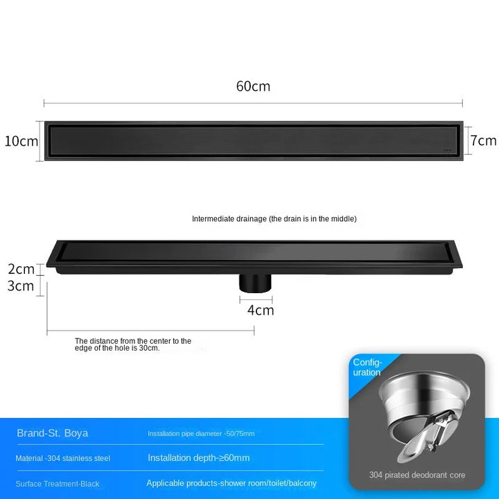 Luxury Hidden 304 Stainless Steel Rectangular Floor Drain Bathroom Toilet Drain Anti-Odor Filter Hair Extended Floor Drain