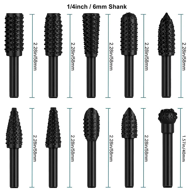 Wood Carving File Rasp Drill Bit, 1/4" 6mm Rotary Rasp Drill Bit Set, Woodworking Rotating Embossed Chisel Shaped Shank Tool