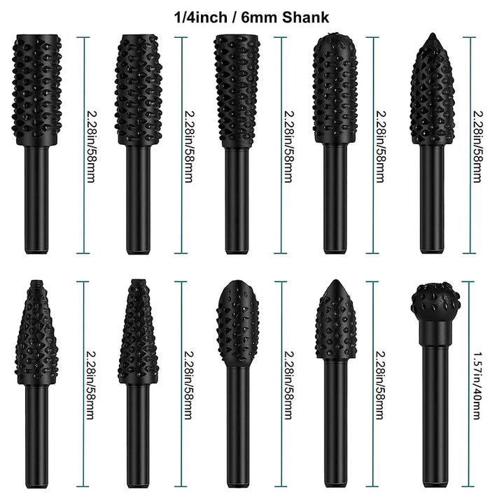 Wood Carving File Rasp Drill Bit, 1/4" 6mm Rotary Rasp Drill Bit Set, Woodworking Rotating Embossed Chisel Shaped Shank Tool