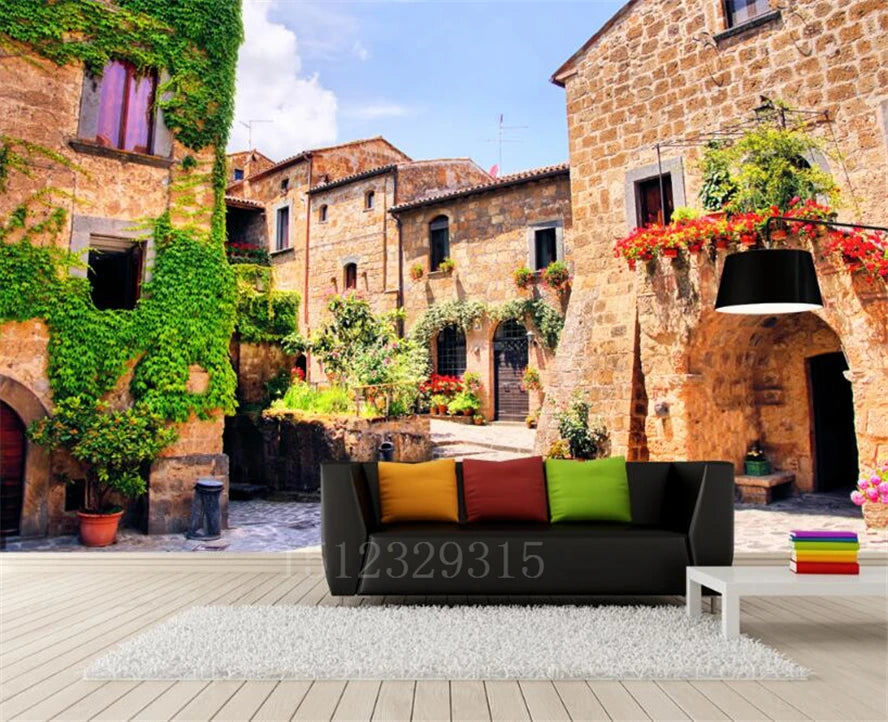 3D Custom Mural Wallpaper - Window Sea View with Red Flowers Stone Path Small Island Garden Lake Background wall for Home Decor