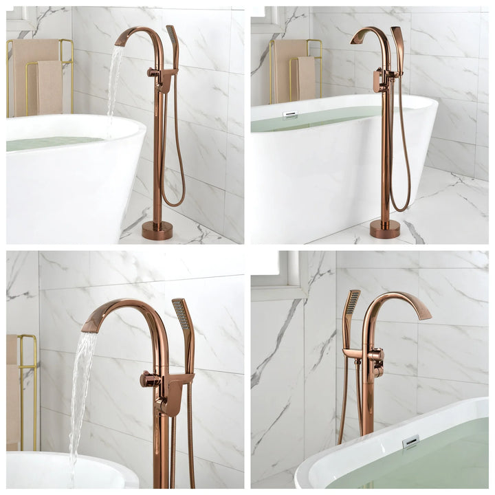 Floor Stand Waterfall Bathtub Faucet Solid Brass Bathroom Bathtub Water Mixer with Hand Shower in Brushed Rose Gold, Black, Gold