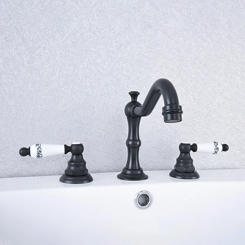 Basin Faucets Oil Rubbed Bronze Deck Mounted Widespread Bathroom Sink Faucets 3 Hole Double Handle Hot And Cold Water Tap tsf543