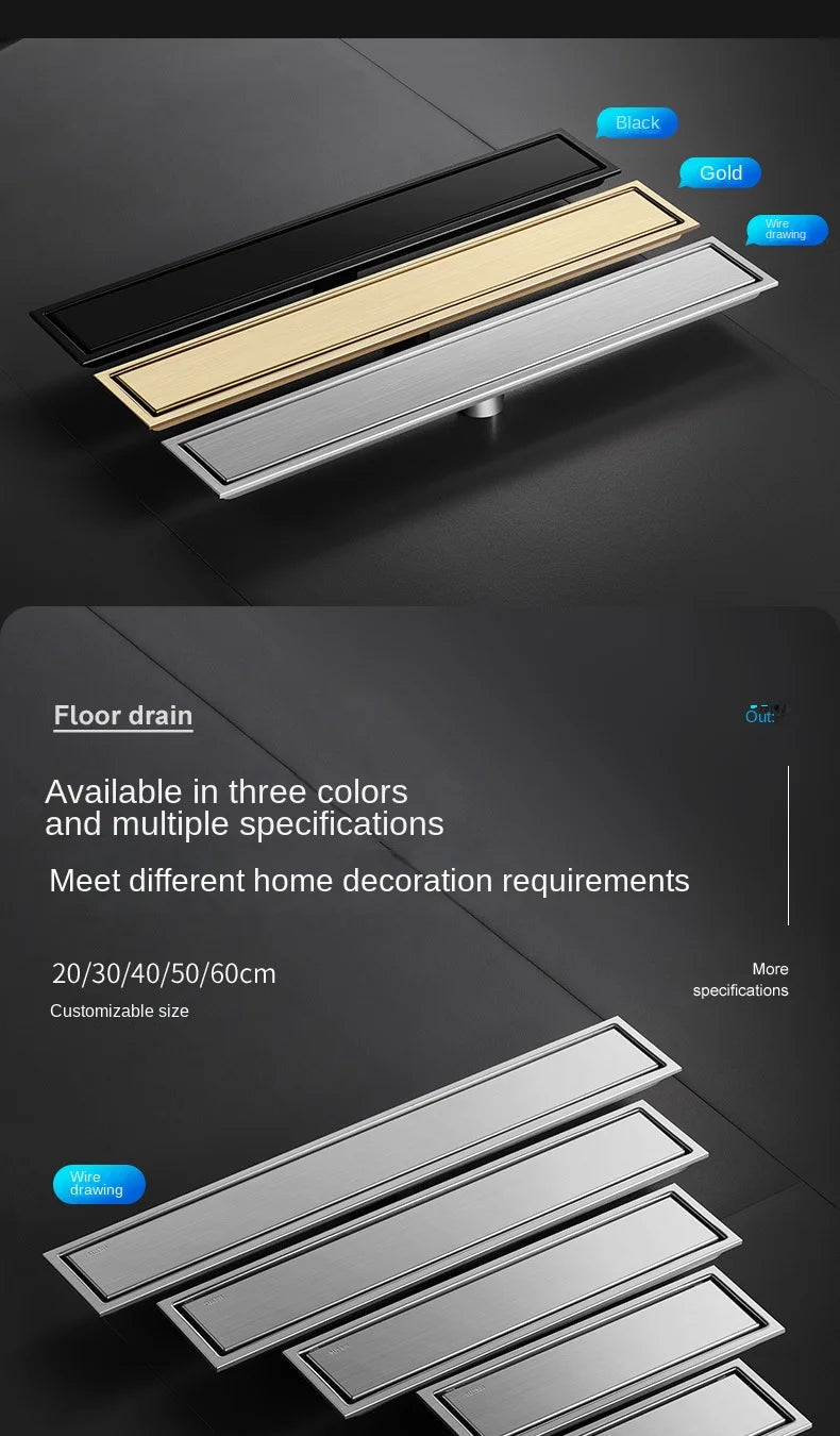 Luxury Hidden 304 Stainless Steel Rectangular Floor Drain Bathroom Toilet Drain Anti-Odor Filter Hair Extended Floor Drain