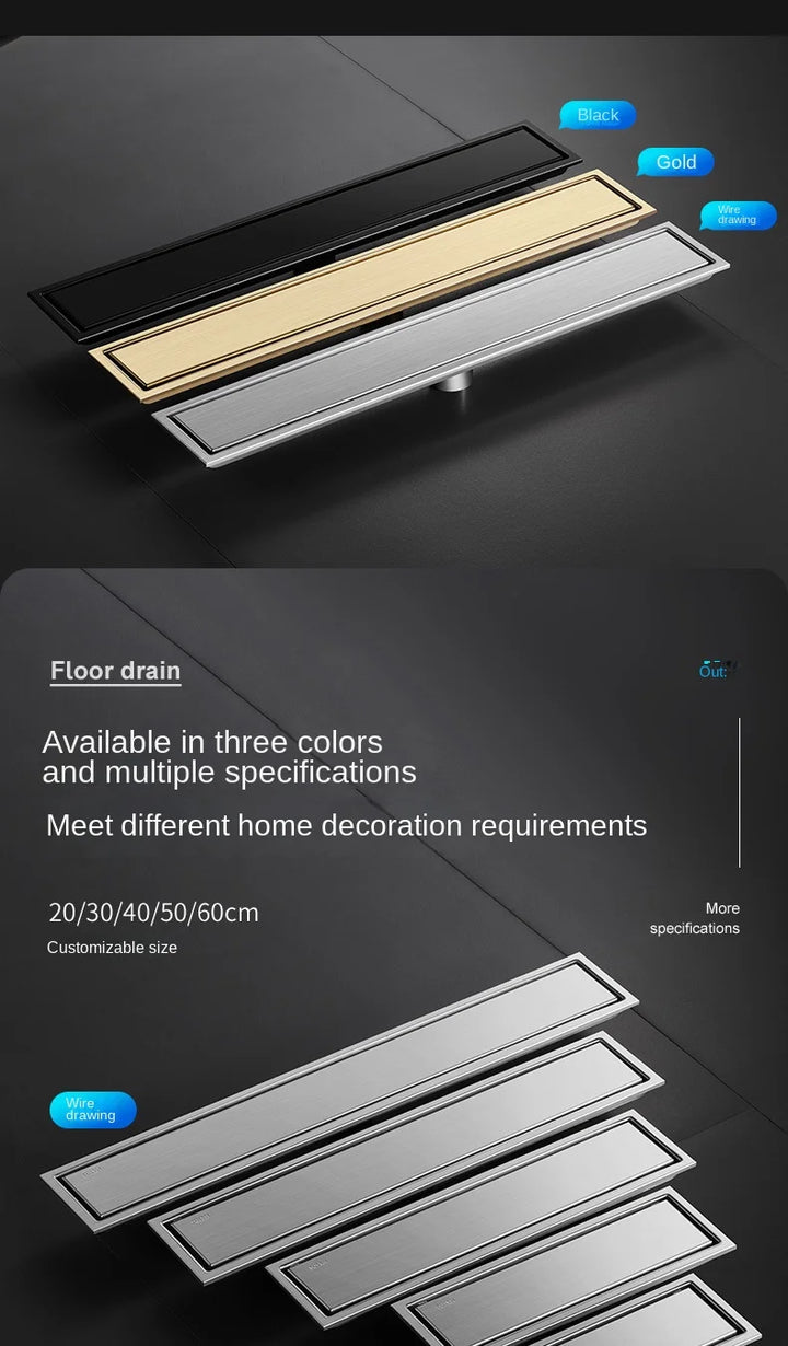 Luxury Hidden 304 Stainless Steel Rectangular Floor Drain Bathroom Toilet Drain Anti-Odor Filter Hair Extended Floor Drain