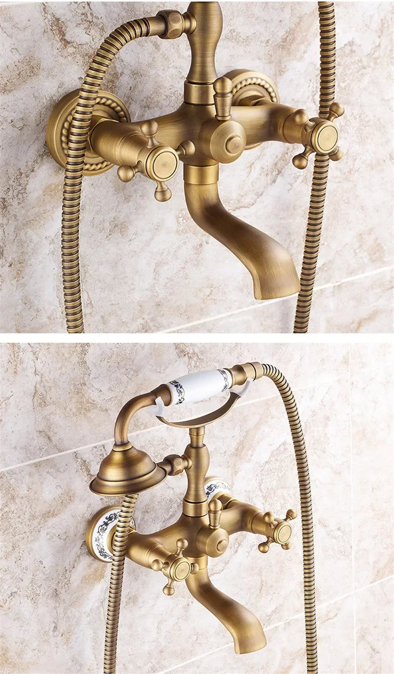 Antique Bathtub Shower Faucet Set Wall Mounted Black Bath Shower Faucet Bathroom Cold and Hot Bath and Shower Mixer Taps Brass