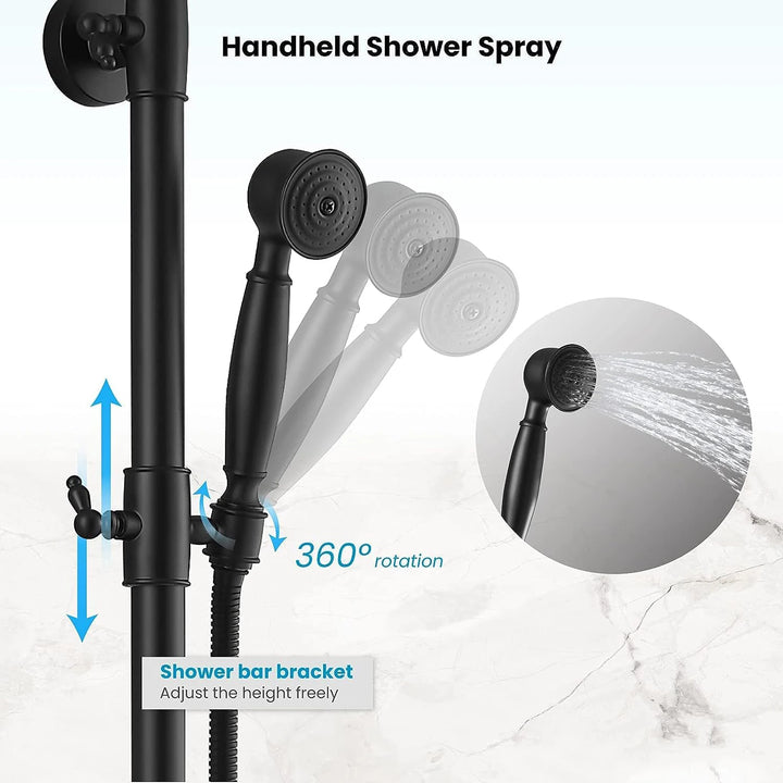 KEMAIDI Bathroom Black Shower Set Wall Mounted 8" Rainfall Shower Faucet 3-functions 2 Cross Handles Solid Brass Shower Fixtures