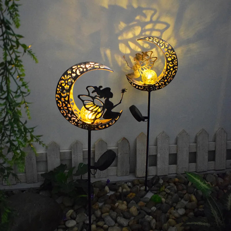Solar Outdoor Garden Moon Lights Waterproof  LED Metal Fairy Landscape Light Perfect for Pathway and Yard Decor Antique Wrought
