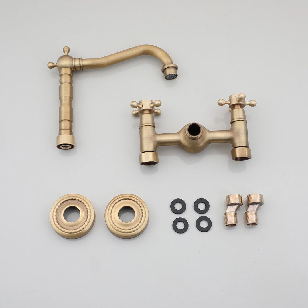 KEMAIDI Antique Brass Bathroom Basin Sink Faucet Tap Dual Handles Wall Mounted Hot Cold Water Mixer Tap 360 Swivel Spout Faucets